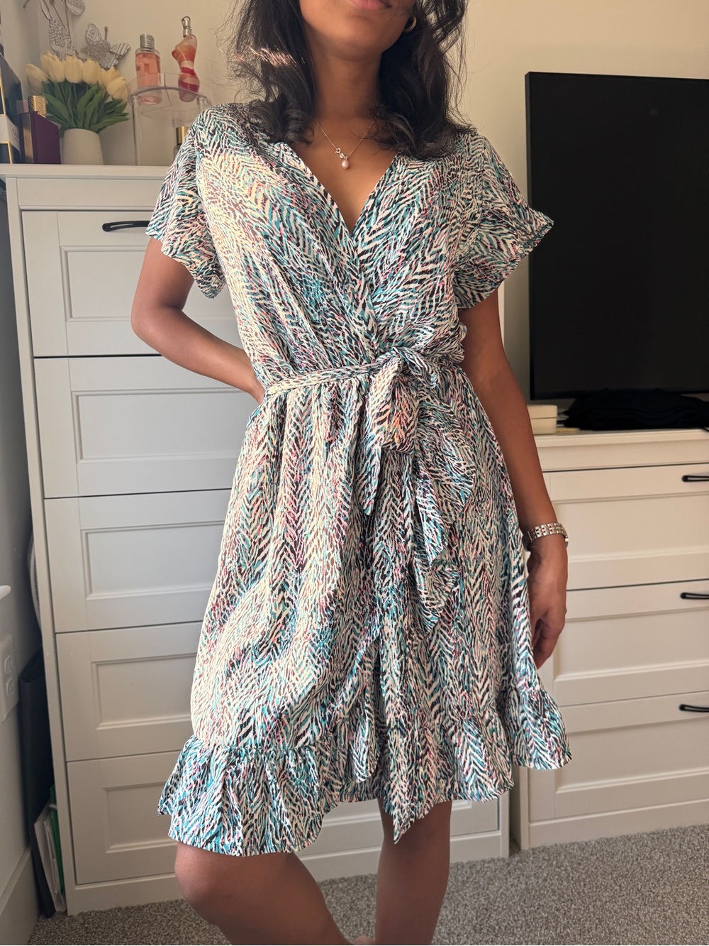 Printed Short Wrap Dress in Mint and Coral